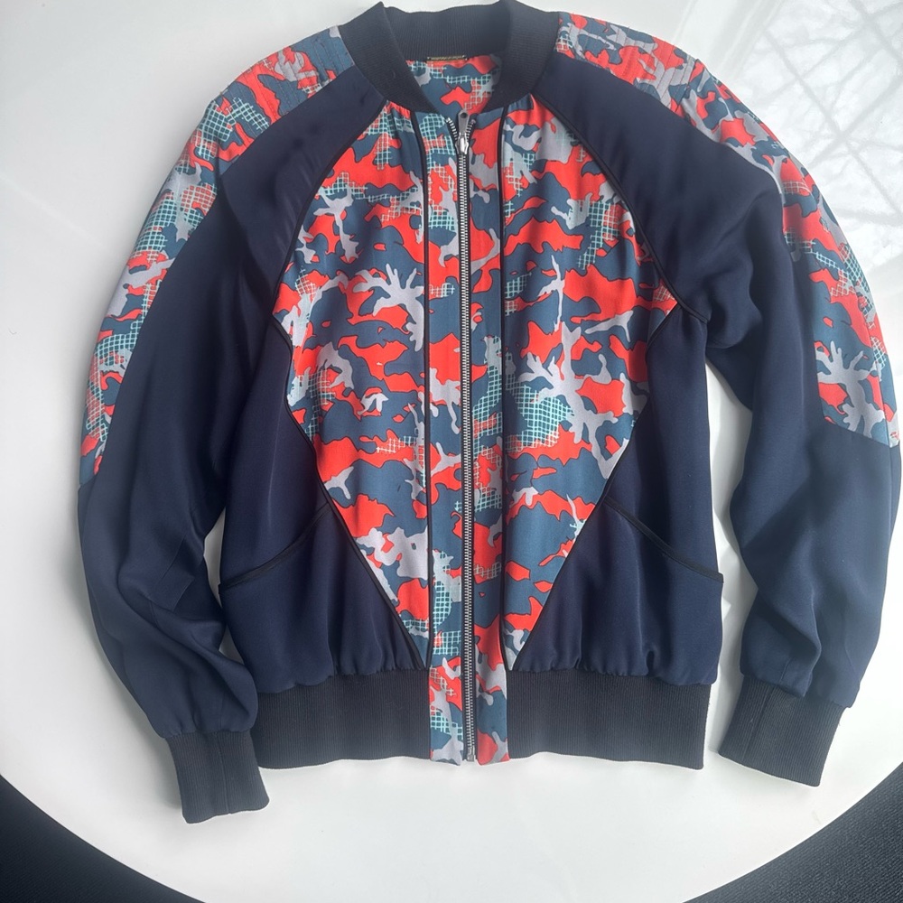 Rebecca Minkoff Navy Blue Red Gray Camouflage Bomber Jacket